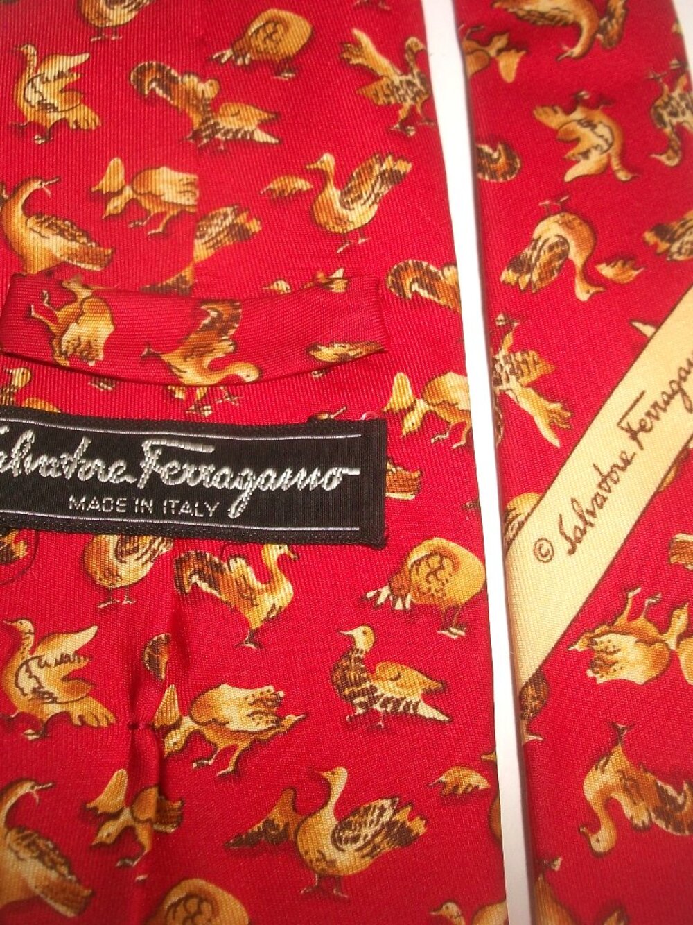 Salvatore Ferragamo Vintage Red and Yellow Silk Golden Goose Necktie Made in Ita